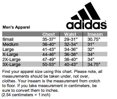adidas&reg; Men's Apparel Sizing Chart